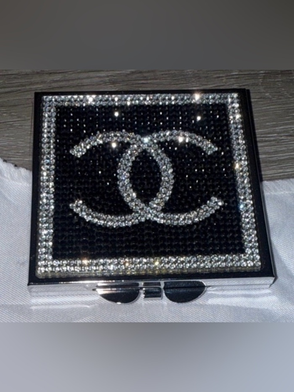 Luxury Designer CHANEL Black Silver Crystal Rhinestone Compact Mirror